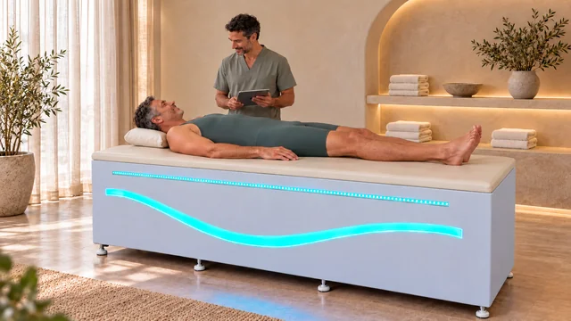 Мужчина лежит на спине на Axis One в SPA-кабинете, специалист находится рядом с планшетом.