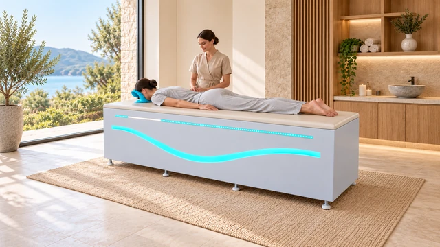 Клиент лежит на животе на комплексе Axis One в SPA-кабинете