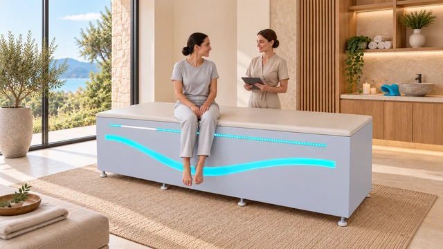 Женщина сидит на Axis One, специалист с планшетом находится рядом в SPA-кабинете.